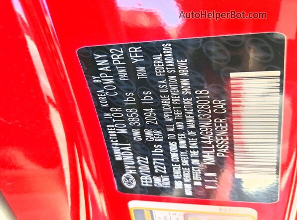 KMHLL4AG9NU328018 2022 HYUNDAI ELANTRA Red Vista del compartimento del motor