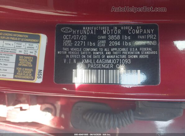 KMHLL4AGXMU071093 2021 HYUNDAI ELANTRA Red Շարժիչի բաժամունքի տեսք