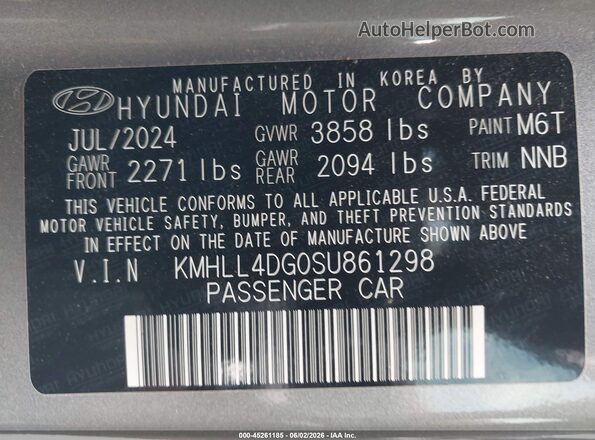 KMHLL4DG0SU861298 2025 HYUNDAI ELANTRA Gray Շարժիչի բաժամունքի տեսք