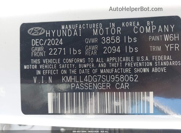 KMHLL4DG7SU958062 2025 HYUNDAI ELANTRA White Շարժիչի բաժամունքի տեսք
