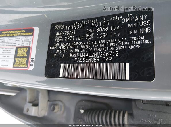 KMHLM4AG2NU246712 2022 HYUNDAI ELANTRA Gray Engine compartment view
