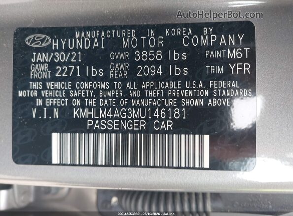 KMHLM4AG3MU146181 2021 HYUNDAI ELANTRA Gray ძრავის განყოფილების ხედი