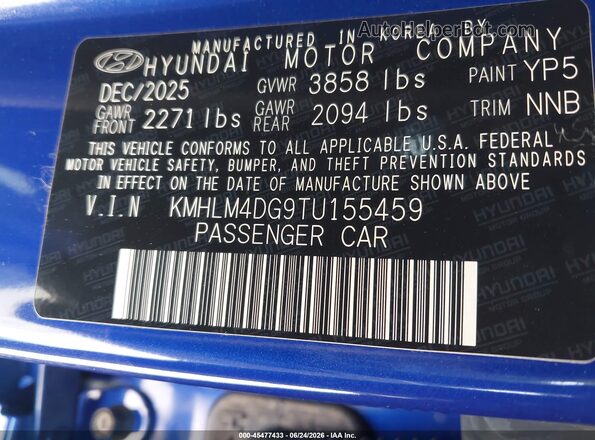 KMHLM4DG9TU155459 2026 HYUNDAI ELANTRA Blue Շարժիչի բաժամունքի տեսք