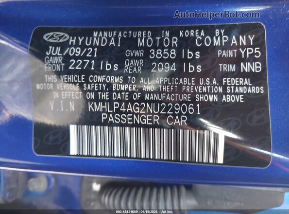 KMHLP4AG2NU229061 2022 HYUNDAI ELANTRA Blue Vista del compartimento del motor