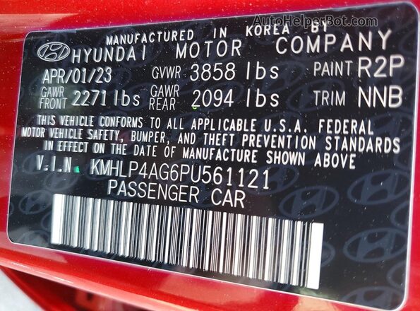 KMHLP4AG6PU561121 2023 HYUNDAI ELANTRA Красный Вид наклейки с VIN-кодом