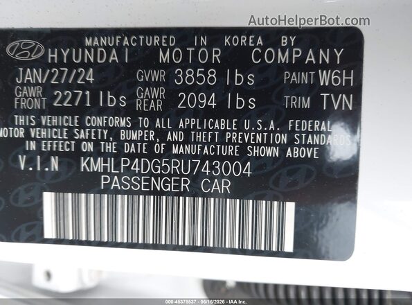 KMHLP4DG5RU743004 2024 HYUNDAI ELANTRA White Engine compartment view