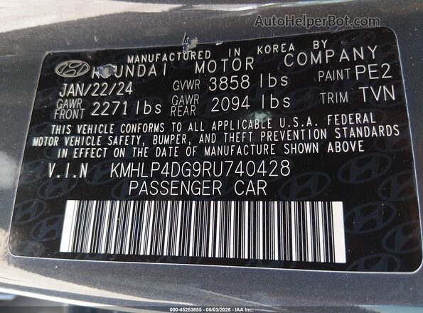 KMHLP4DG9RU740428 2024 HYUNDAI ELANTRA Gray ძრავის განყოფილების ხედი