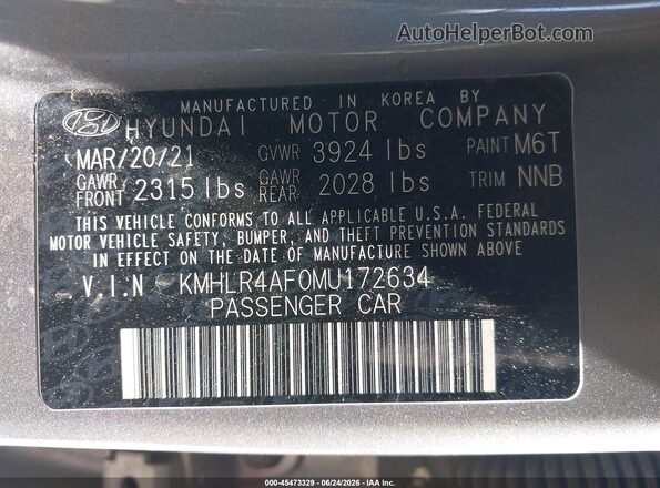 KMHLR4AF0MU172634 2021 HYUNDAI ELANTRA Gray Շարժիչի բաժամունքի տեսք