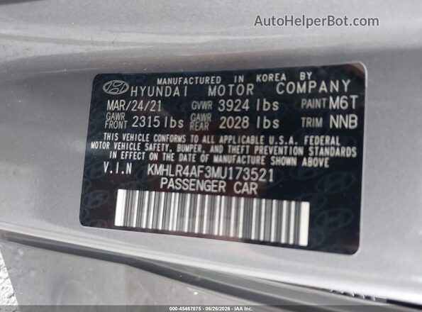 KMHLR4AF3MU173521 2021 HYUNDAI ELANTRA Gray ძრავის განყოფილების ხედი