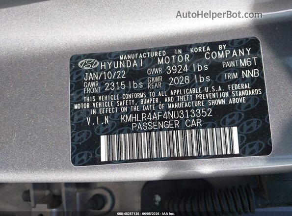 KMHLR4AF4NU313352 2022 HYUNDAI ELANTRA Gray Widok komory silnika