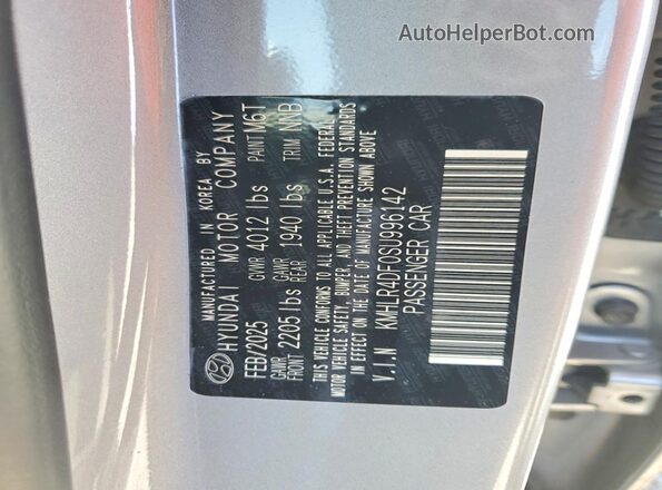 KMHLR4DF0SU996142 2025 HYUNDAI ELANTRA Gray Вид наклейки з VIN-кодом