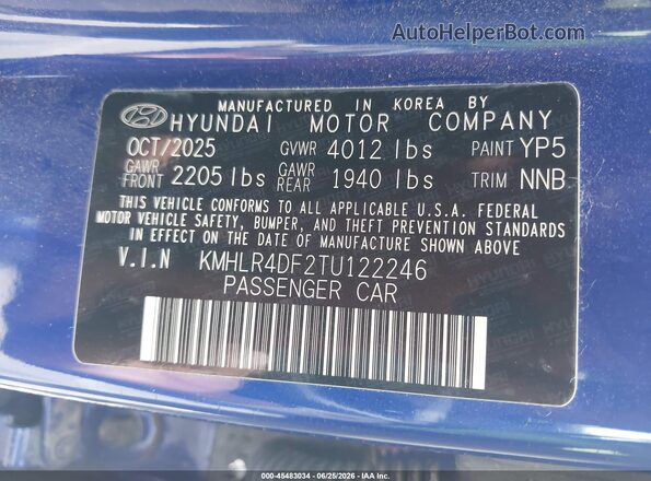 KMHLR4DF2TU122246 2026 HYUNDAI ELANTRA Синий Вид подкапотного пространства