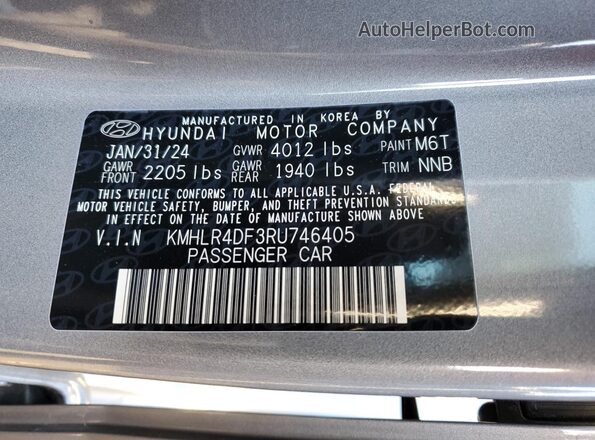 KMHLR4DF3RU746405 2024 HYUNDAI ELANTRA Gray VIN կոդի պիտակի տեսք