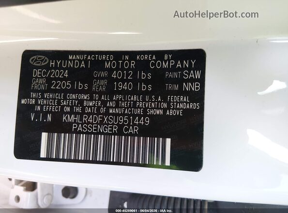 KMHLR4DFXSU951449 2025 HYUNDAI ELANTRA White Вид підкапотного простору
