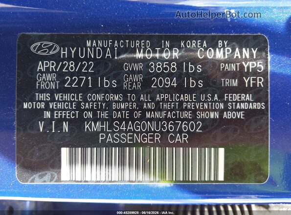 KMHLS4AG0NU367602 2022 HYUNDAI ELANTRA Blue Вид підкапотного простору