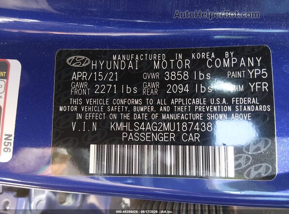 KMHLS4AG2MU187438 2021 HYUNDAI ELANTRA Blue Vista del compartimento del motor