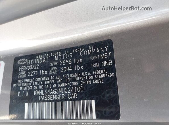 KMHLS4AG3NU324100 2022 HYUNDAI ELANTRA Gray Vista del compartimento del motor