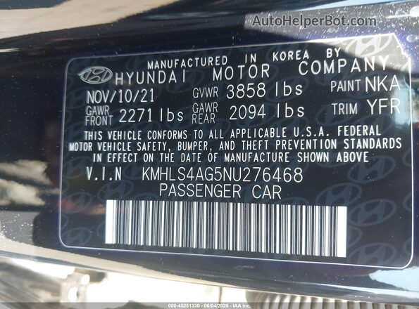 KMHLS4AG5NU276468 2022 HYUNDAI ELANTRA Black Շարժիչի բաժամունքի տեսք