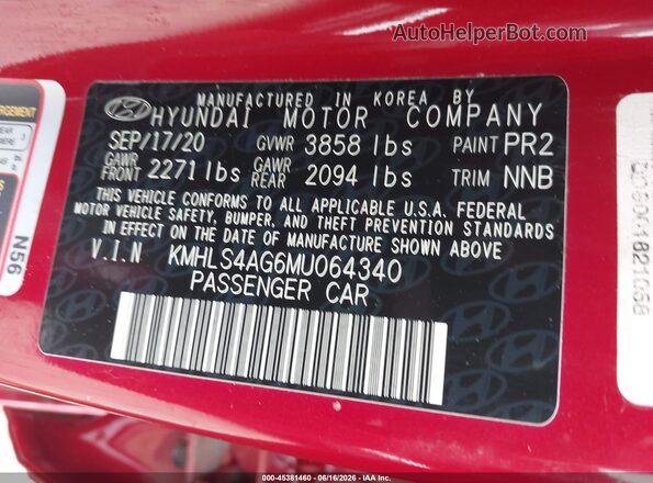 KMHLS4AG6MU064340 2021 HYUNDAI ELANTRA Red Widok komory silnika