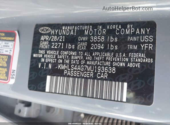 KMHLS4AG7MU193638 2021 HYUNDAI ELANTRA Gray Widok komory silnika