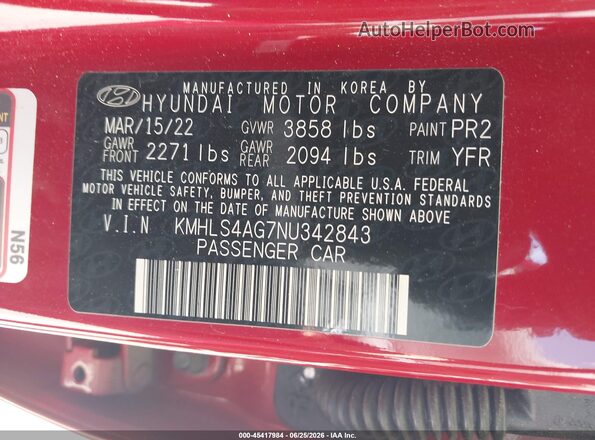 KMHLS4AG7NU342843 2022 HYUNDAI ELANTRA Red Շարժիչի բաժամունքի տեսք