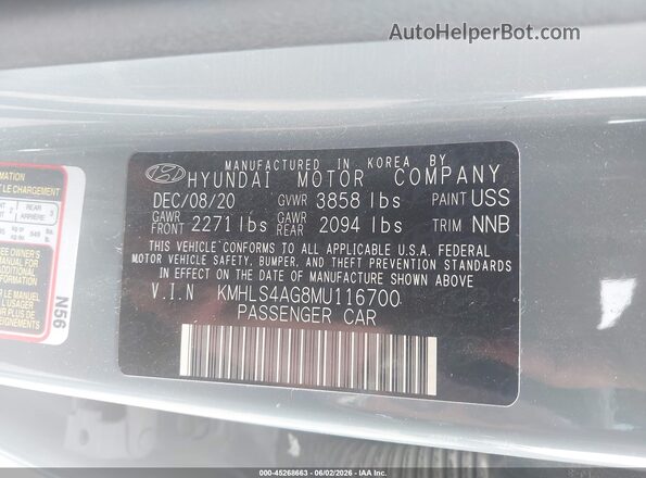 KMHLS4AG8MU116700 2021 HYUNDAI ELANTRA Green ძრავის განყოფილების ხედი