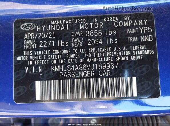 KMHLS4AG8MU189937 2021 HYUNDAI ELANTRA Blue Vista del compartimento del motor