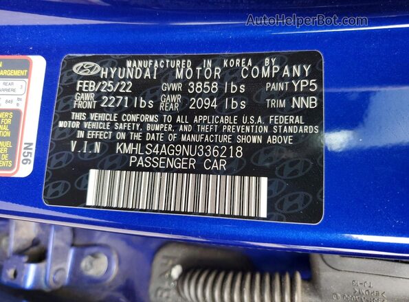 KMHLS4AG9NU336218 2022 HYUNDAI ELANTRA Blue VIN sticker view