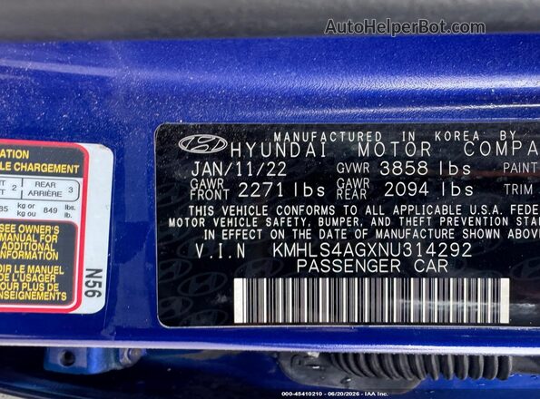 KMHLS4AGXNU314292 2022 HYUNDAI ELANTRA Blue Вид підкапотного простору