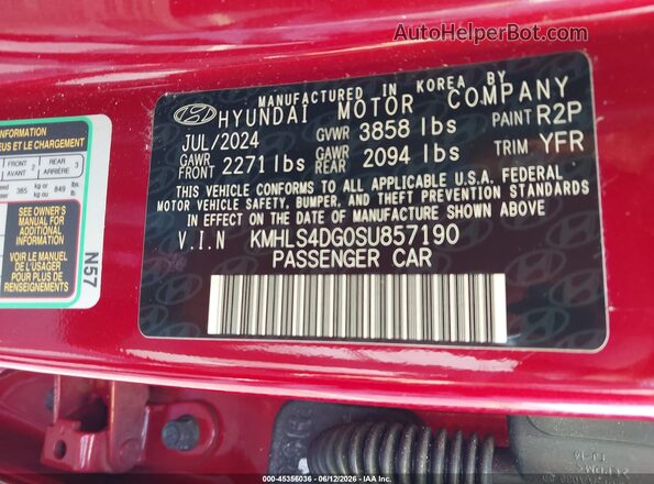 KMHLS4DG0SU857190 2025 HYUNDAI ELANTRA Red Widok komory silnika