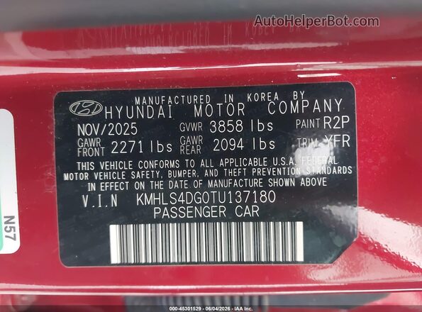 KMHLS4DG0TU137180 2026 HYUNDAI ELANTRA Red Вид підкапотного простору