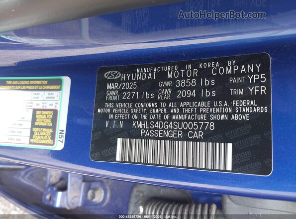 KMHLS4DG4SU005778 2025 HYUNDAI ELANTRA Blue Vista del compartimento del motor
