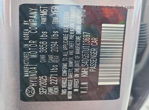 KMHLS4DG5TU113697 2026 HYUNDAI ELANTRA Gray Вид наклейки з VIN-кодом