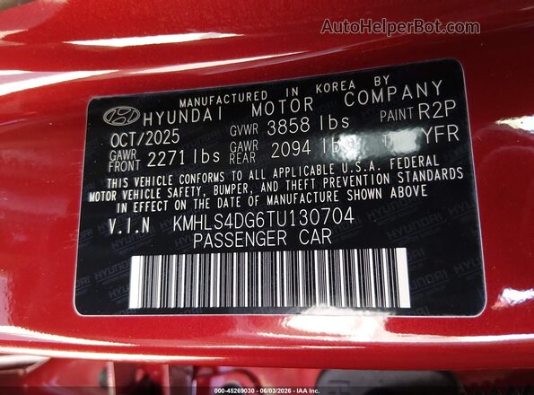 KMHLS4DG6TU130704 2026 HYUNDAI ELANTRA Red Вид підкапотного простору