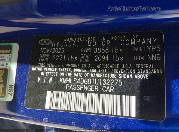 KMHLS4DG8TU132275 2026 HYUNDAI ELANTRA Blue Widok komory silnika