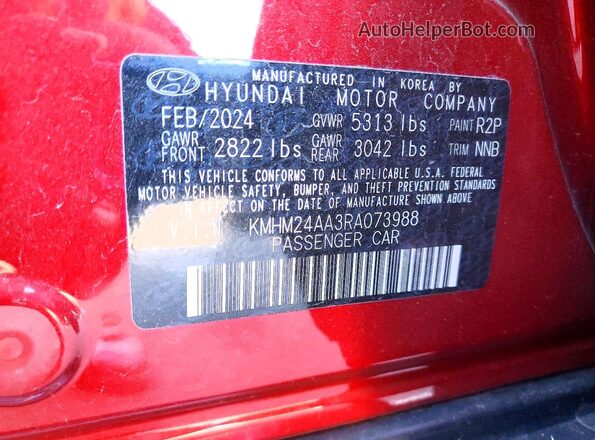 KMHM24AA3RA073988 2024 HYUNDAI IONIQ Red Vista de la etiqueta del VIN