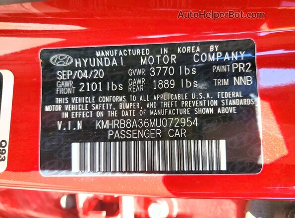 KMHRB8A36MU072954 2021 HYUNDAI VENUE Red Вид наклейки з VIN-кодом