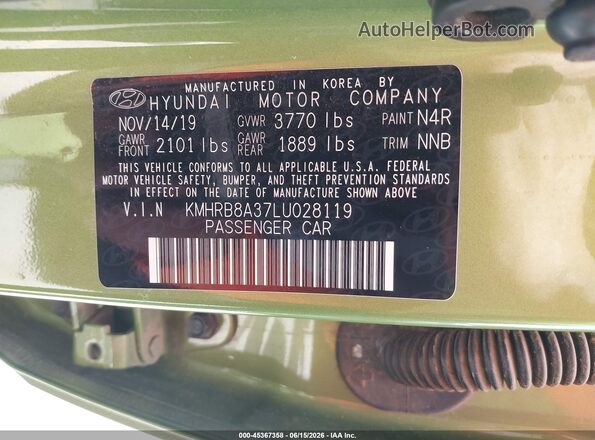 KMHRB8A37LU028119 2020 HYUNDAI VENUE Green ძრავის განყოფილების ხედი