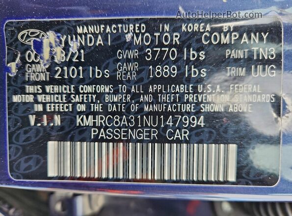 KMHRC8A31NU147994 2022 HYUNDAI VENUE Blue Вид наклейки з VIN-кодом