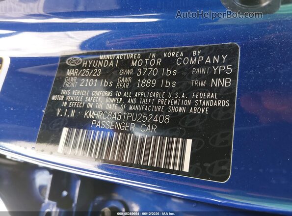 KMHRC8A31PU252408 2023 HYUNDAI VENUE Blue Vista del compartimento del motor