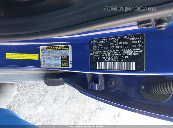 KMHRC8A35NU157718 2022 HYUNDAI VENUE Blue ძრავის განყოფილების ხედი