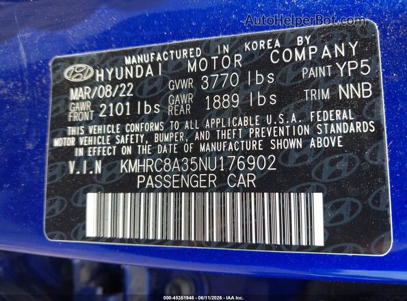 KMHRC8A35NU176902 2022 HYUNDAI VENUE Blue Вид підкапотного простору