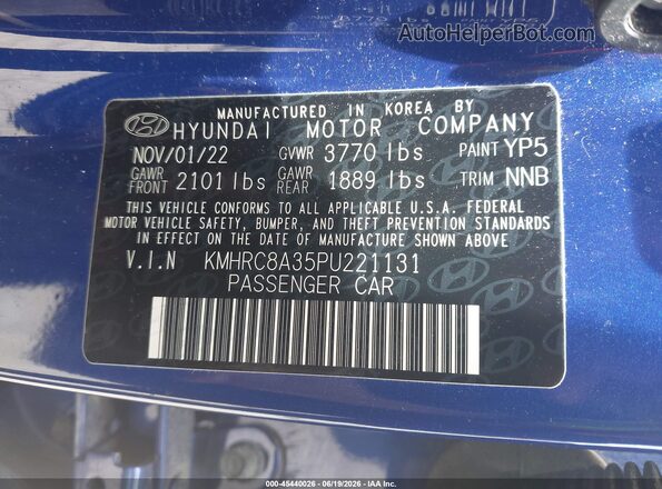 KMHRC8A35PU221131 2023 HYUNDAI VENUE Blue Vista del compartimento del motor