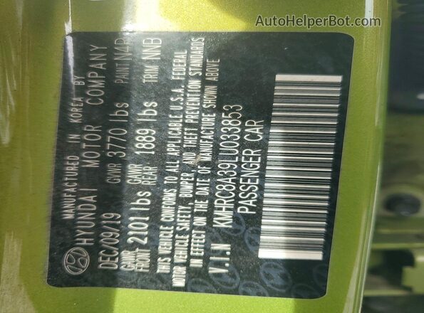 KMHRC8A39LU033853 2020 HYUNDAI VENUE Green VIN კოდის სტიკერის ხედი