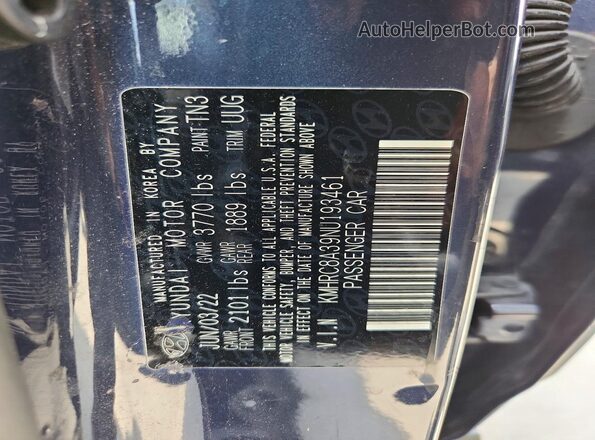 KMHRC8A39NU193461 2022 HYUNDAI VENUE Blue Вид наклейки з VIN-кодом
