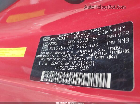 KMHT36AH1NU013931 2022 HYUNDAI VELOSTER N Red Engine compartment view