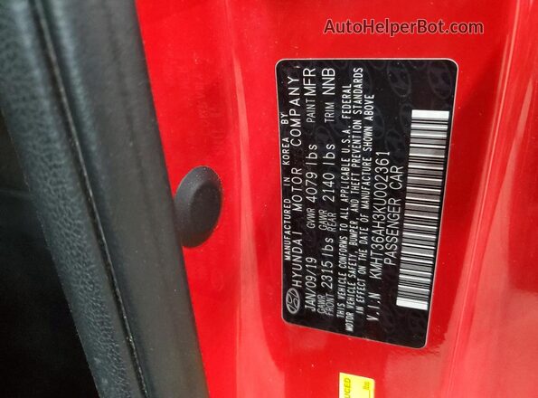 KMHT36AH3KU002361 2019 HYUNDAI VELOSTER Red Շարժիչի բաժամունքի տեսք