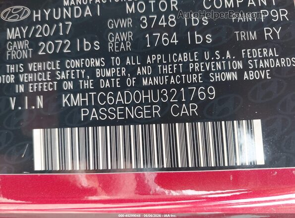 KMHTC6AD0HU321769 2017 HYUNDAI VELOSTER Red ძრავის განყოფილების ხედი