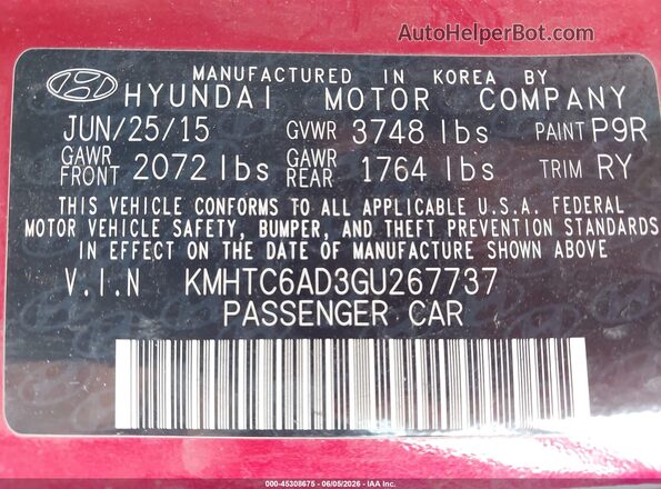 KMHTC6AD3GU267737 2016 HYUNDAI VELOSTER Red ძრავის განყოფილების ხედი
