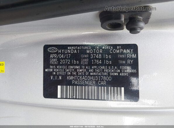 KMHTC6AD3HU317800 2017 HYUNDAI VELOSTER Silver Вид підкапотного простору